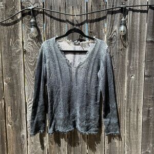 Magaschoni Black and Grey V Neck Cashmere Sweater with Fringe Detail size medium